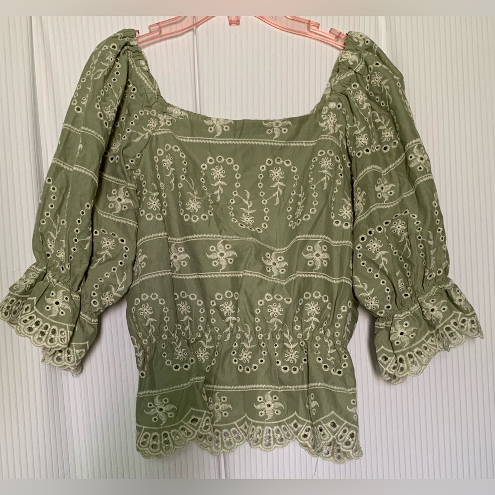 Liv Los Angeles Square Neck Blouse Top Puff Sleeve Eyelet Detail Cotton Small
